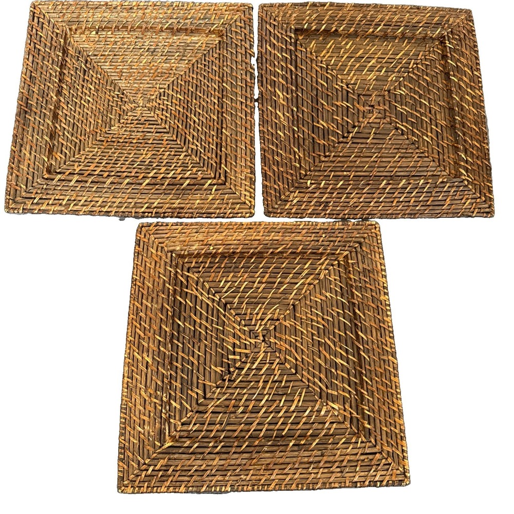 Vtg 3 Rattan Wicker 13" Square Plate Chargers Place Mats Boho Weaved Farm Set